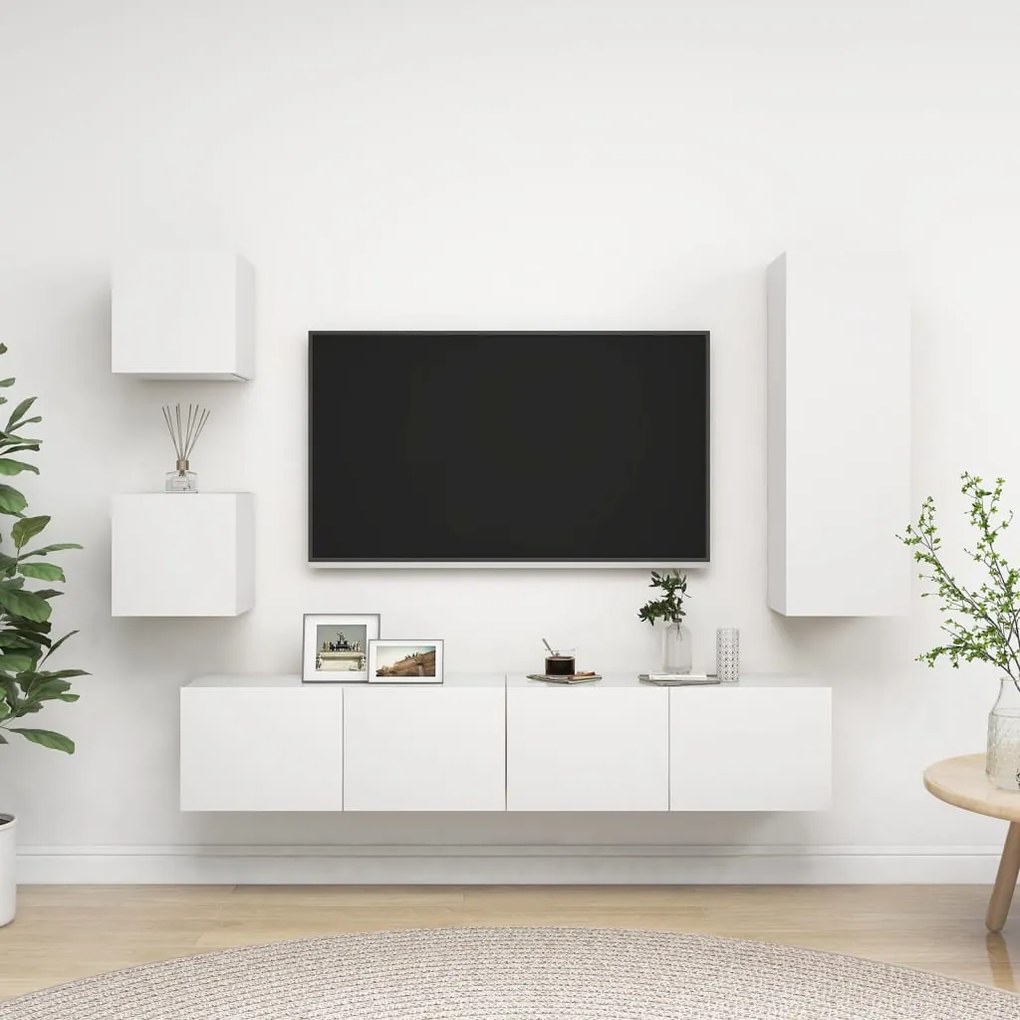 Set Di Mobili Porta Tv 5 Pz Bianco İn Legno Multistrato /