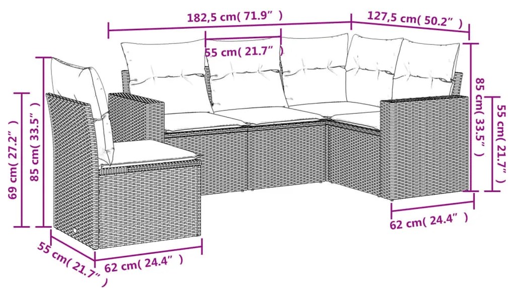 Set Divano da Giardino 5 pz con Cuscini Grigio in Polyrattan