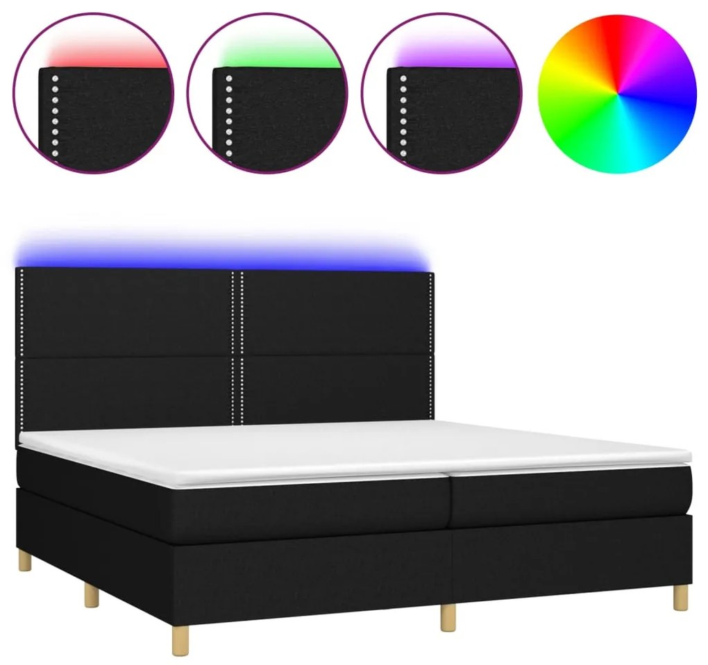 Letto a molle materasso e led nero 200x200cm in tessuto