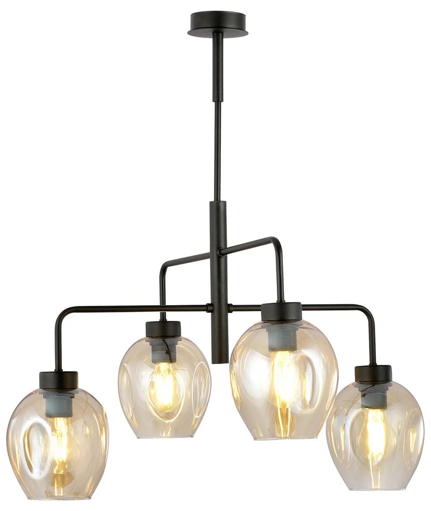 Lampadario Moderno 4 Luci Auriga In Accaio Nero E Vetro Ambra