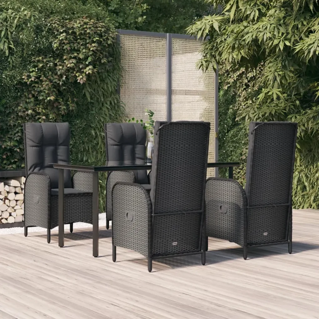 Set da pranzo da giardino 5 pz nero con cuscini in polyrattan