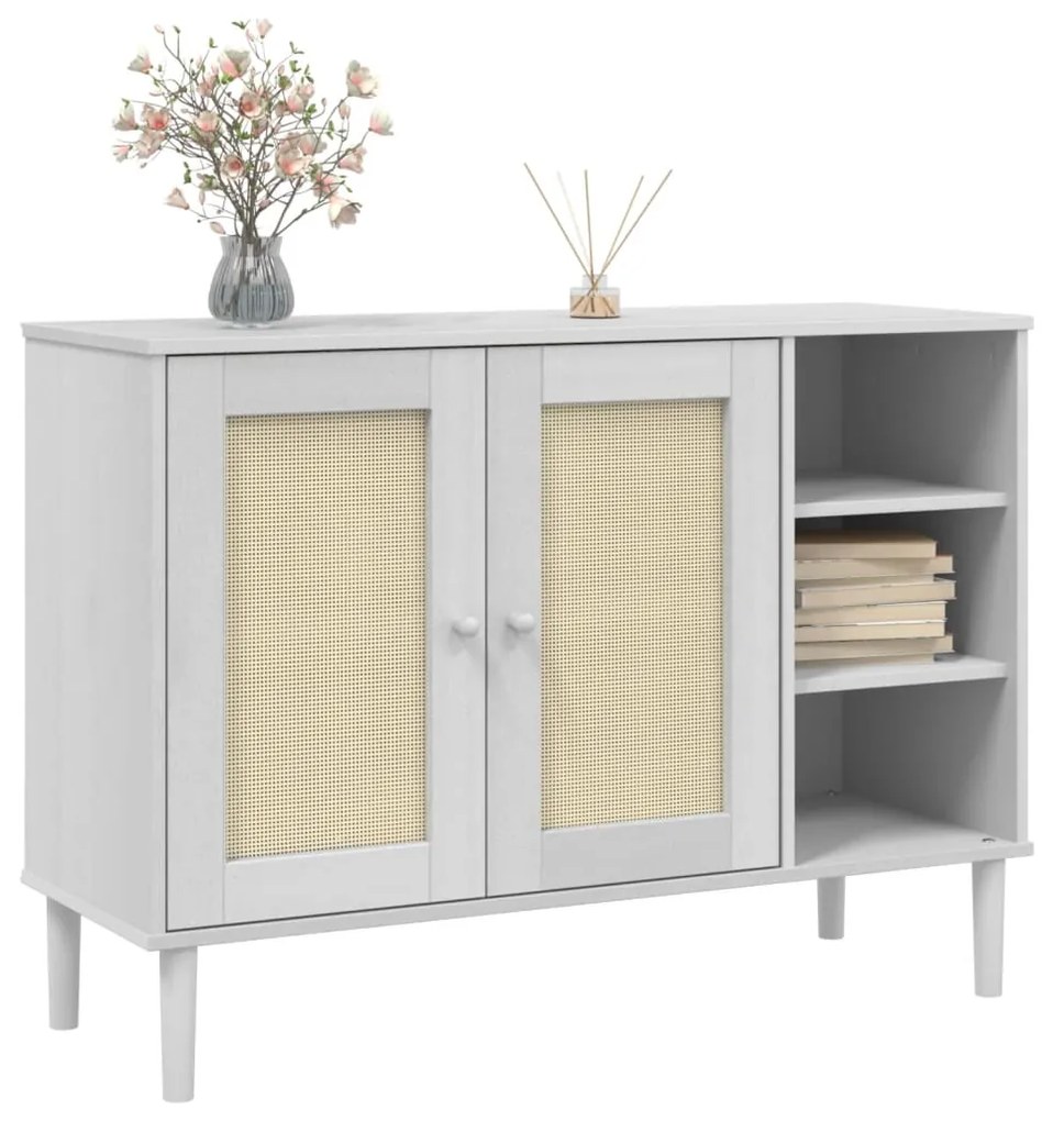 Credenza SENJA Aspetto Rattan Bianco 112x40x80 cm Massello Pino