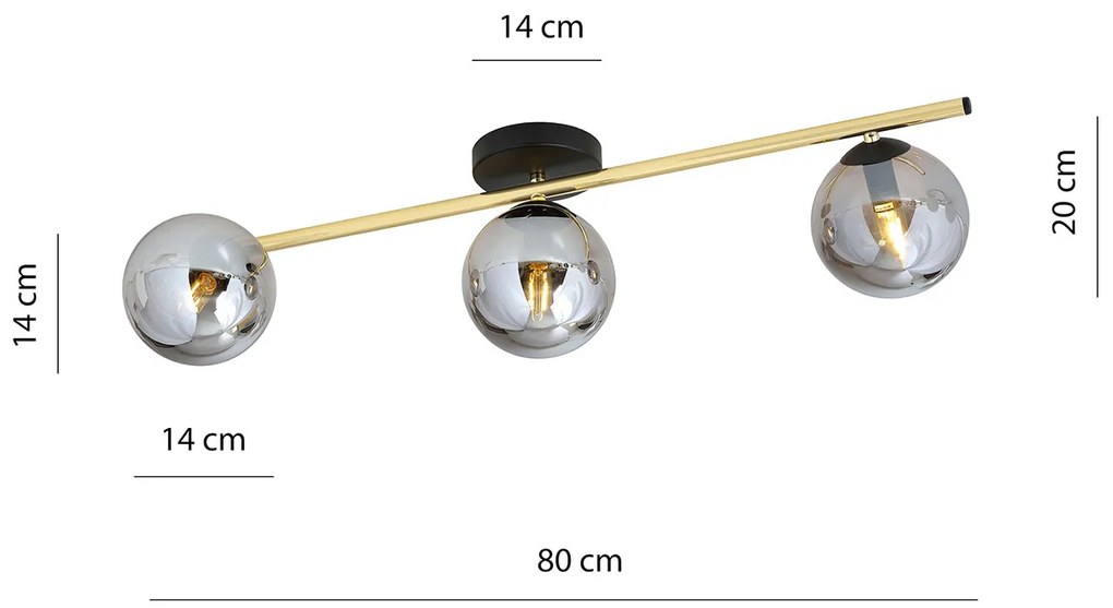 Plafoniera Contemporanea 3 Luci Eracle In Acciaio Oro/Nero E Sfere Vetro Fumè