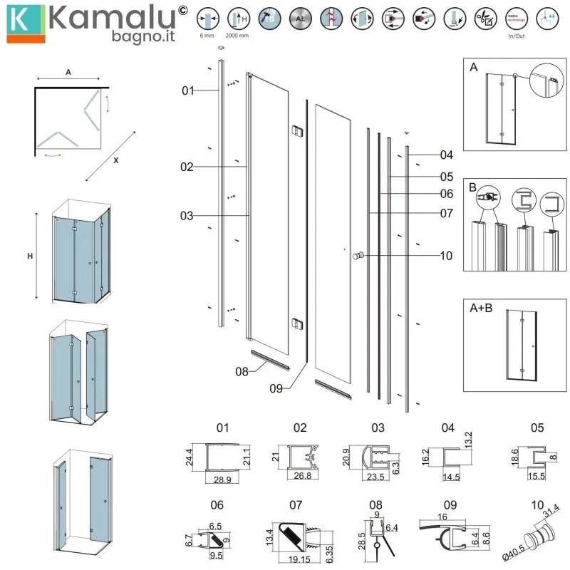 Kamalu - Box doccia 60x90 cm doppia apertura a libro colore nero | KS7000N