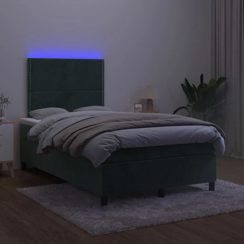 Letto a molle con materasso e led verde scuro 120x200cm velluto