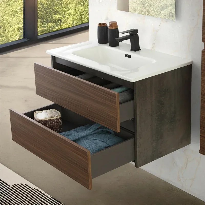 Mobile bagno sospeso 100 cm ossido e noce con cassetti soft-close Kleo