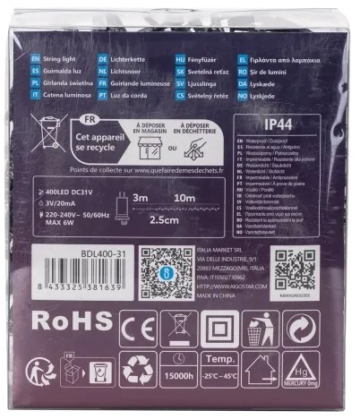 Aigostar - Catena LED natalizia da esterno 400xLED/8 funzioni 13m IP44 bianco freddo