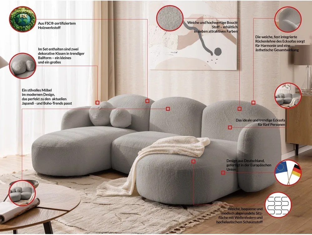 Divano angolare grigio (a U) con rivestimento in bouclé Orbit – Ropez