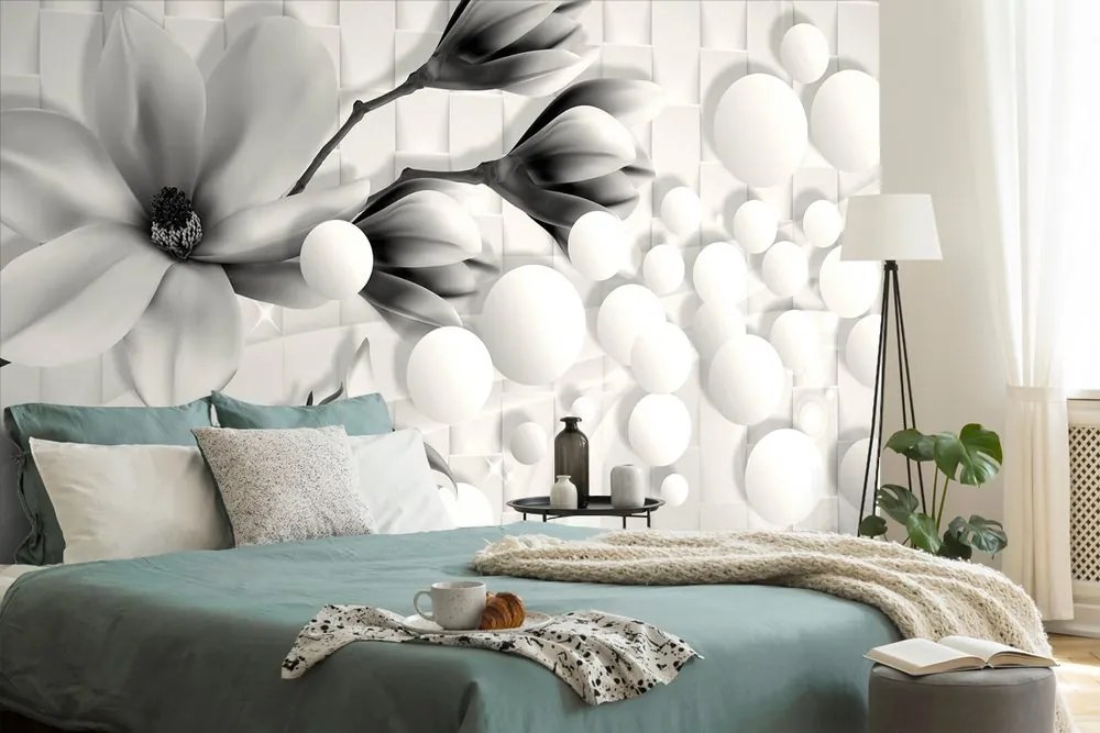Carta da parati – Magnolia in bianco e nero con elementi astratti