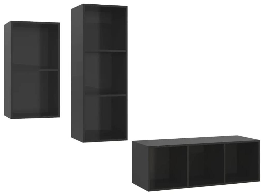 Set mobili tv 3 pz nero lucido in legno multistrato