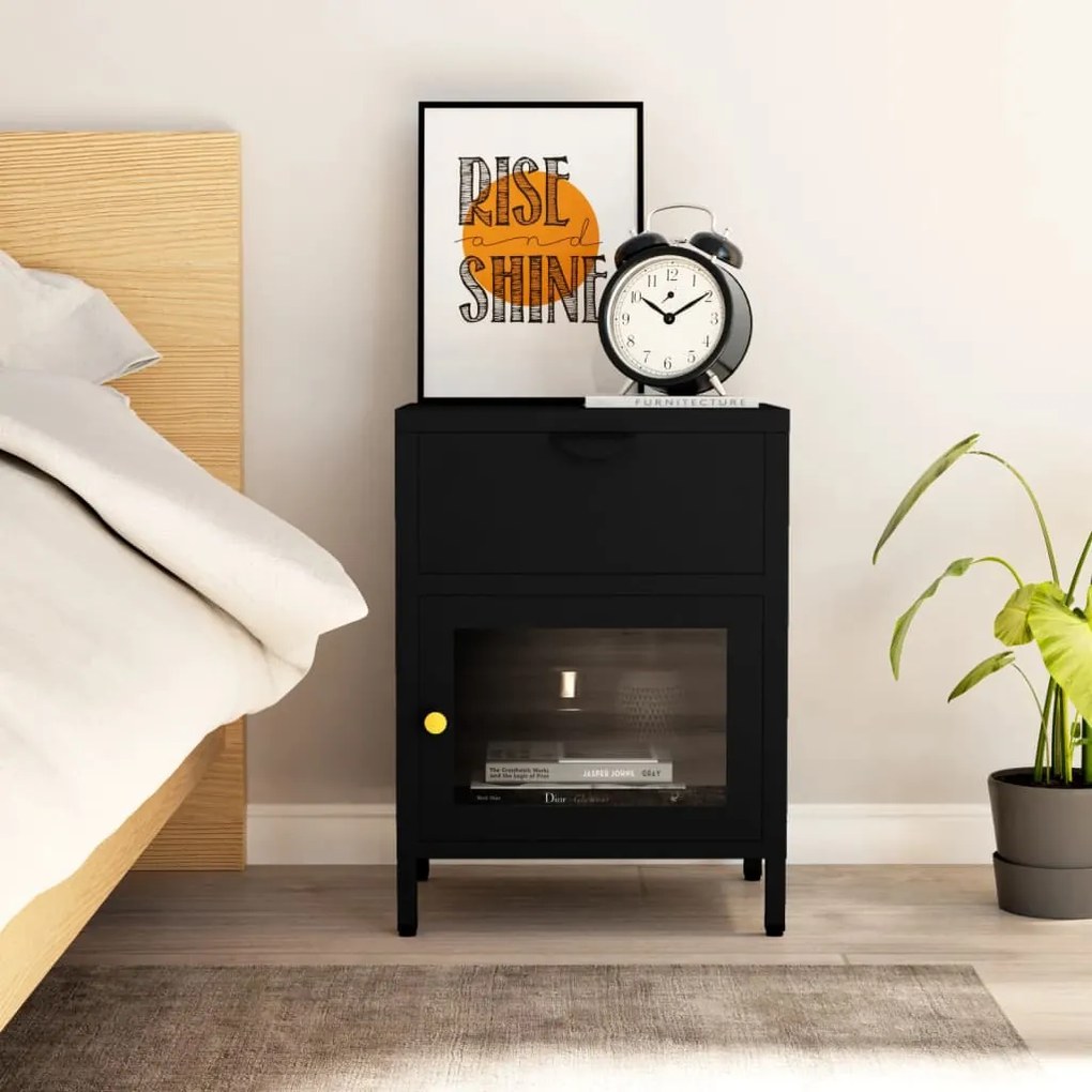 Comodino Nero 40x30x54,5 Cm İn Acciaio E Vetro /