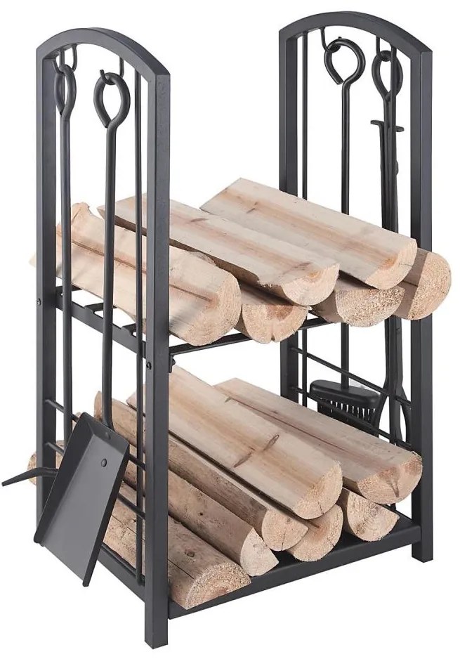 Cesto di legno con attrezzi per il camino 5 pz nero