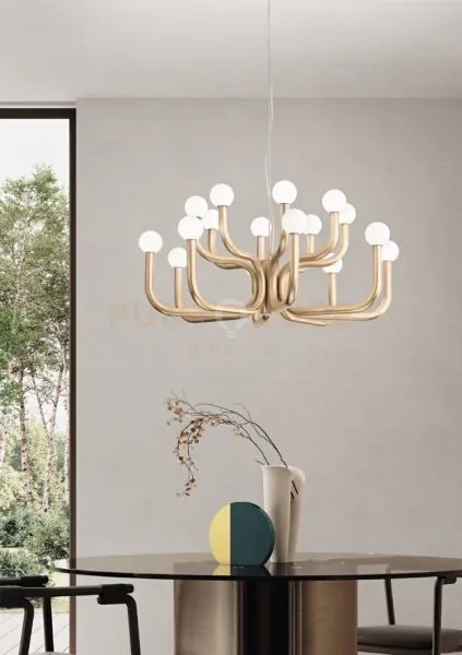 Sospensione derby colore oro 16 luci attacco g9 con sfere opali