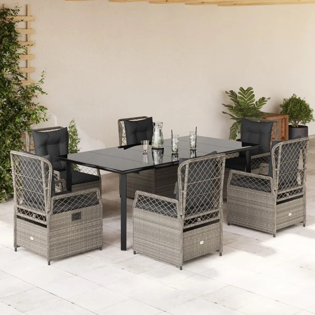 Set da pranzo da giardino 7 pz cuscini polyrattan grigio chiaro