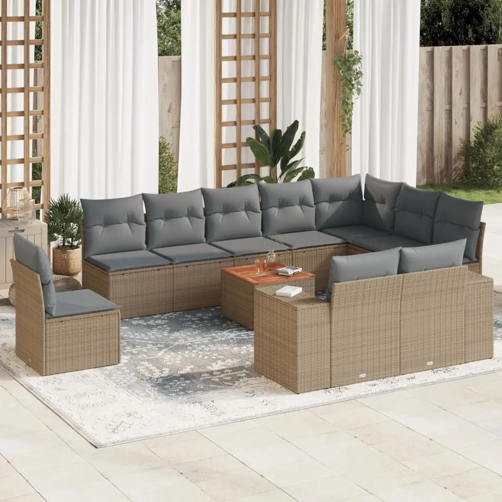 Set divani da giardino 11 pz con cuscini beige in polyrattan