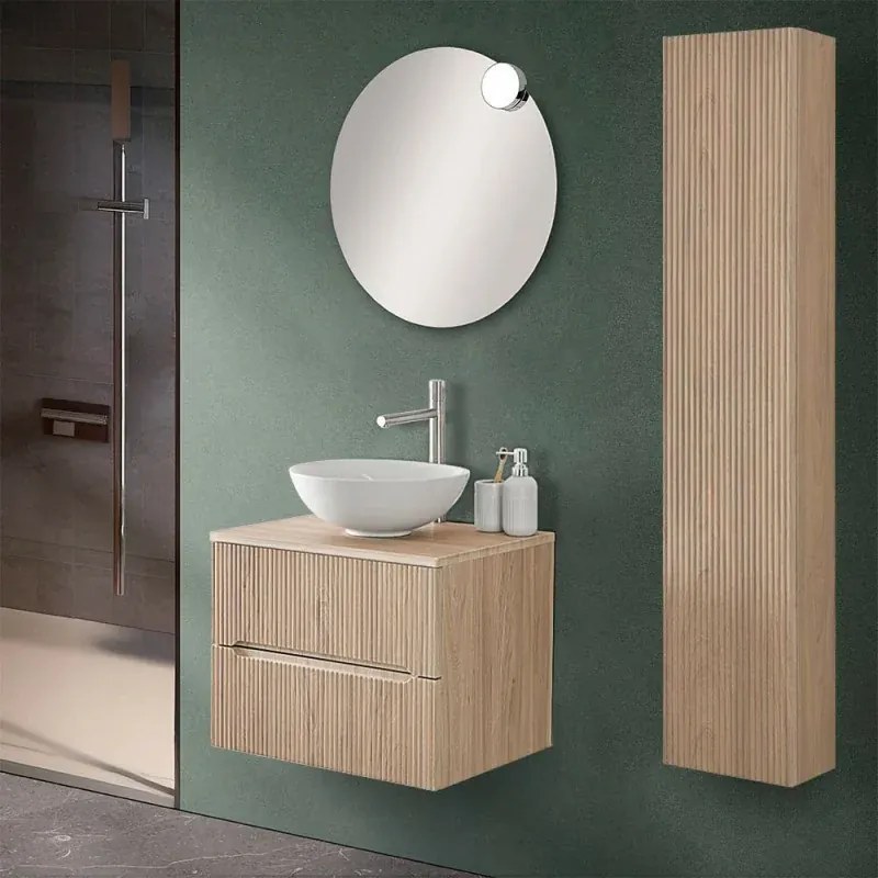 Mobile bagno sospeso cannettato 60 cm rovere chiaro con top e specchio Bali