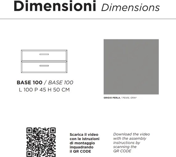 Mobile da bagno sospeso moderno base 100 CLEIDE con 2 cassetti e lavabo, GRIGIO PERLA