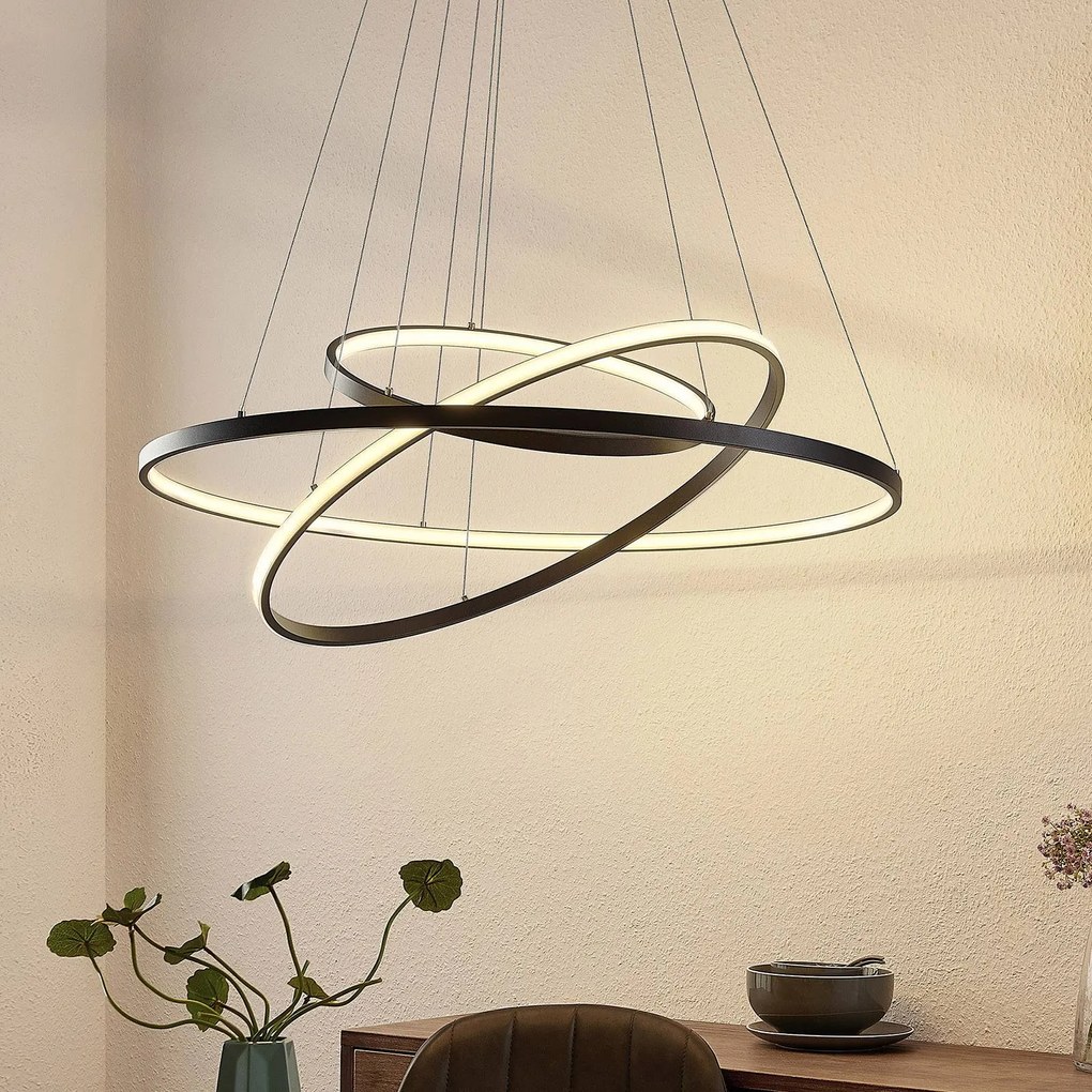 Lampada LED a sospensione Lucande Ezana, nero, metallo, Ø 80 cm Ezana Lucande, dimmerabile, Nero, Soggiorno / Sala da pranzo, Metallo, Moderno