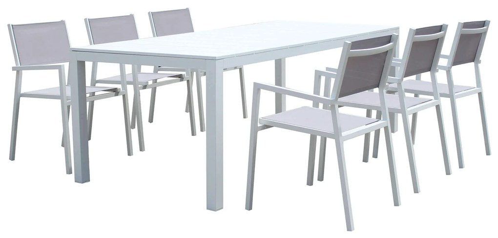 ALASKA - set tavolo in alluminio cm 214/280 x 100 x 75,5 h con 6 poltrone Aulus