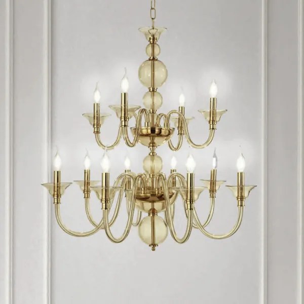 Lampada a sospensione D87 cm TEBE a 12 luci in vetro lavorato a mano AMBRA