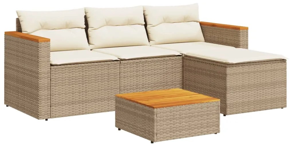 Set divano da giardino 5 pz con cuscini beige polyrattan acacia