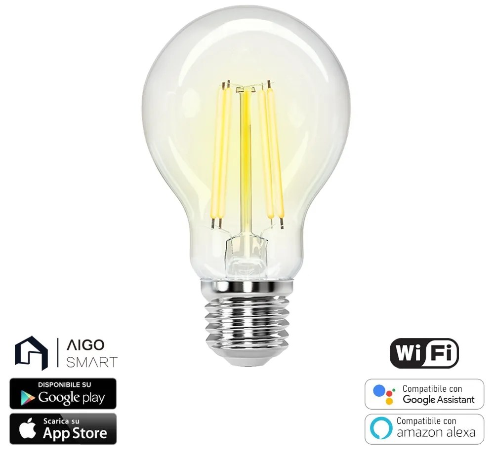 Lampadina Led a Filamento Smart A60 E27 6W WiFi CCT luce regolabile e dimmerabile Aigostar