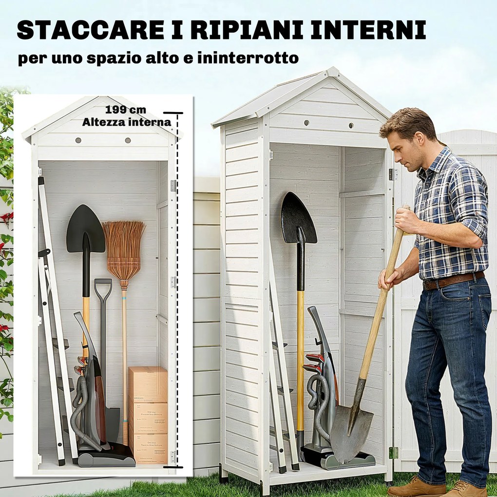 Casetta Box da Giardino 85x58x213 cm Ripostiglio con Scaffali Regolabili e Tetto Zincato in Legno Bianco...