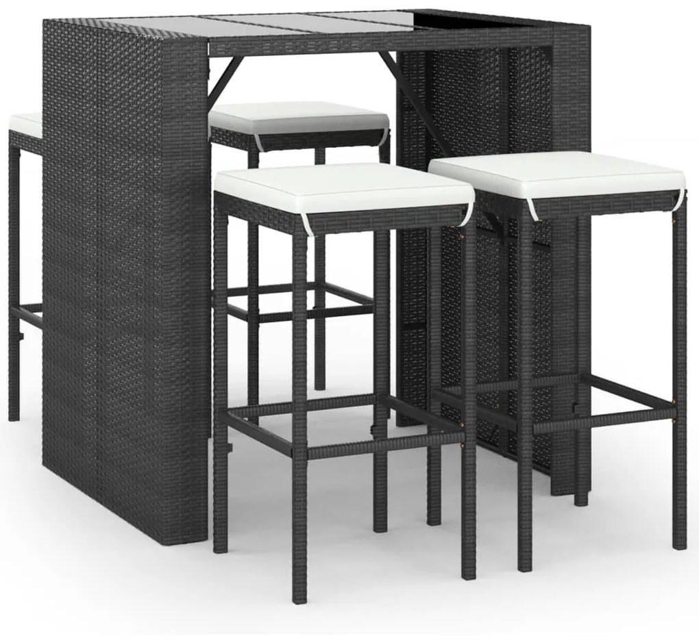 Set bar da giardino 5 pz con cuscini in polyrattan nero