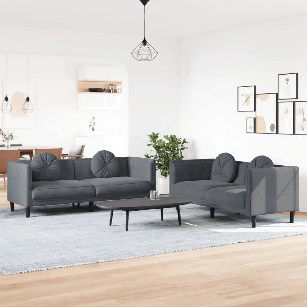 Set Di Divani 2 Pz Con Cuscini Grigio Scuro İn Velluto /