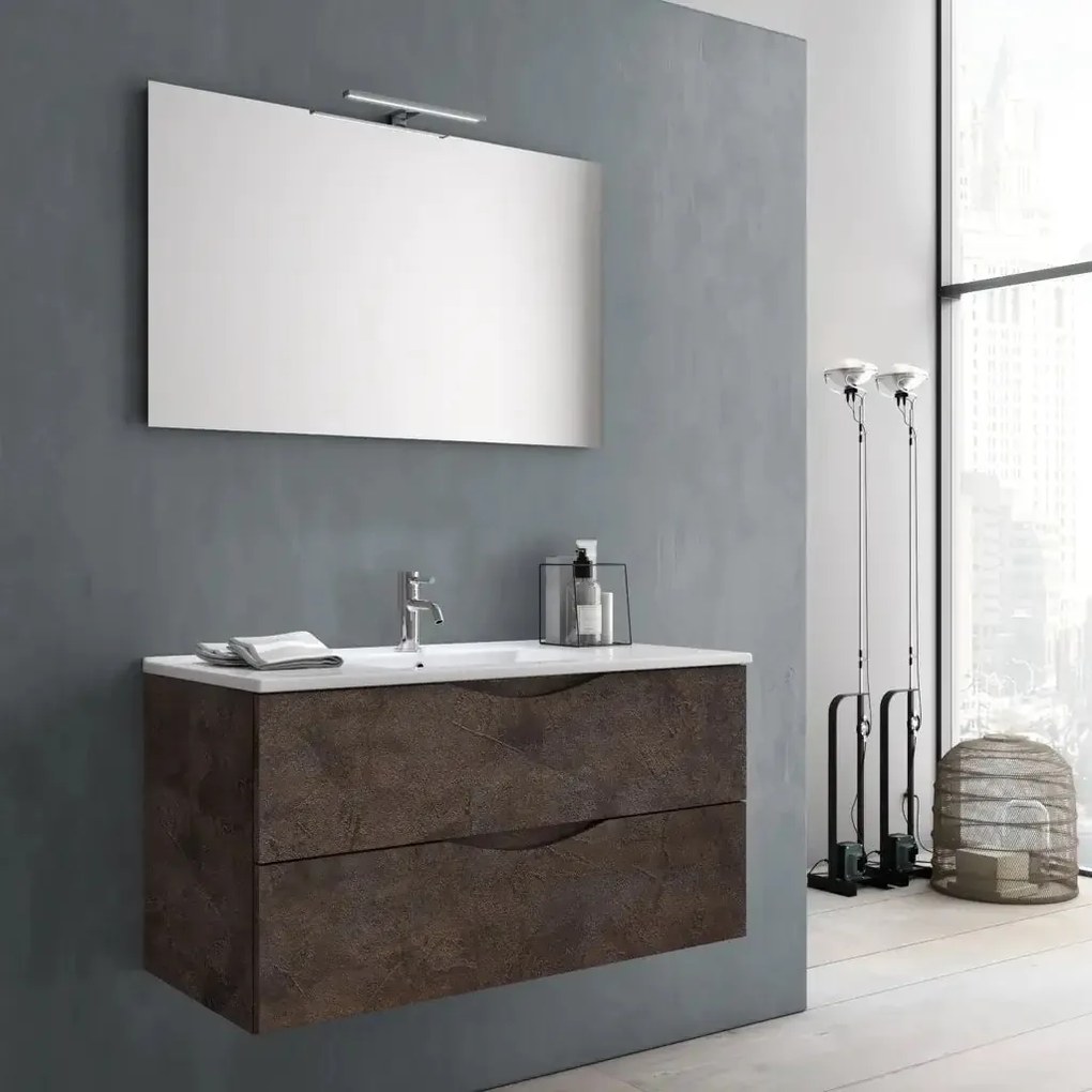 Mobile Bagno Sospeso Effetto Pietra 80cm Due Cassetti e Specchio con Lampada