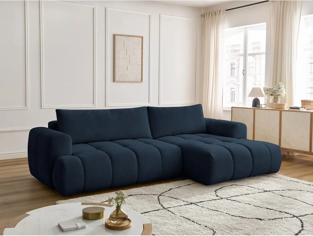 Divano angolare blu scuro allungabile e con contenitore (penisola a destra/chaise lounge) con rivestimento in ciniglia Fuji – Bobochic Paris