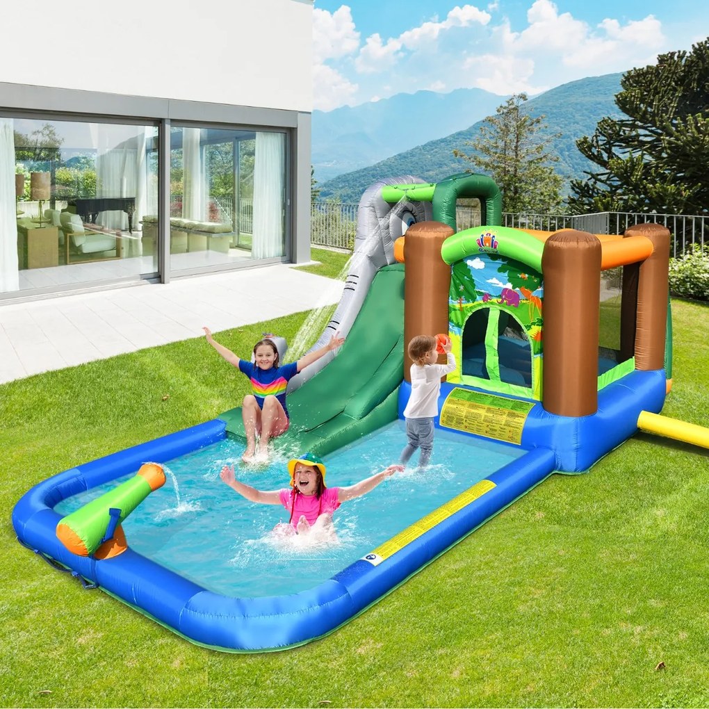 Costway Casa gonfiabile con pistola ad acqua e piscina, Scivolo d’acqua gonfiabile con compressore e borsa di trasporto