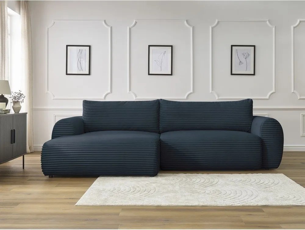 Divano angolare in blu scuro allungabile (con penisola a sinistra) con rivestimento in velluto a coste Lucien – Bobochic Paris