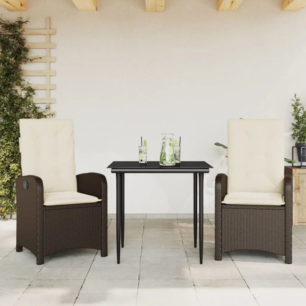 Set da pranzo da giardino 3pz con cuscini in polyrattan marrone