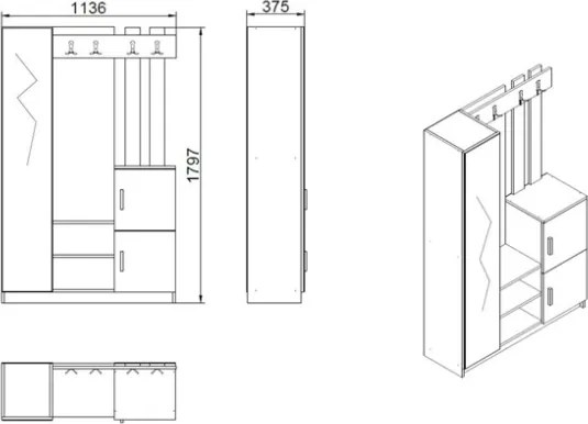Mobile Ingresso Con Scarpiera Appendiabiti E Specchio 113x35x180 Rovere E Antracite Roger