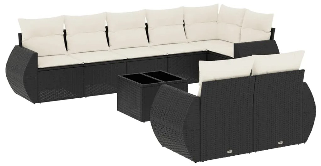 Set divani da giardino 9 pz con cuscini nero in polyrattan