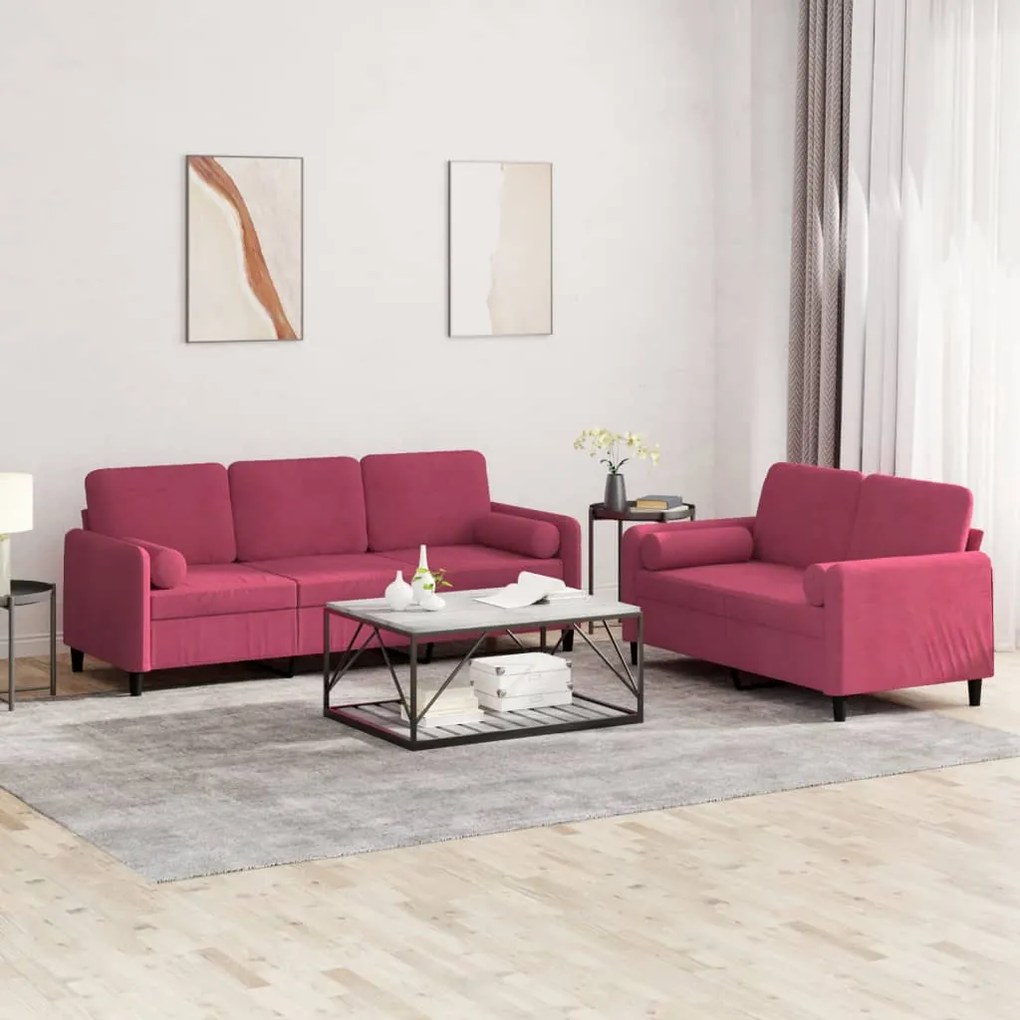 Set Di Divani 2 Pz Con Cuscini Rosso Vino İn Velluto /