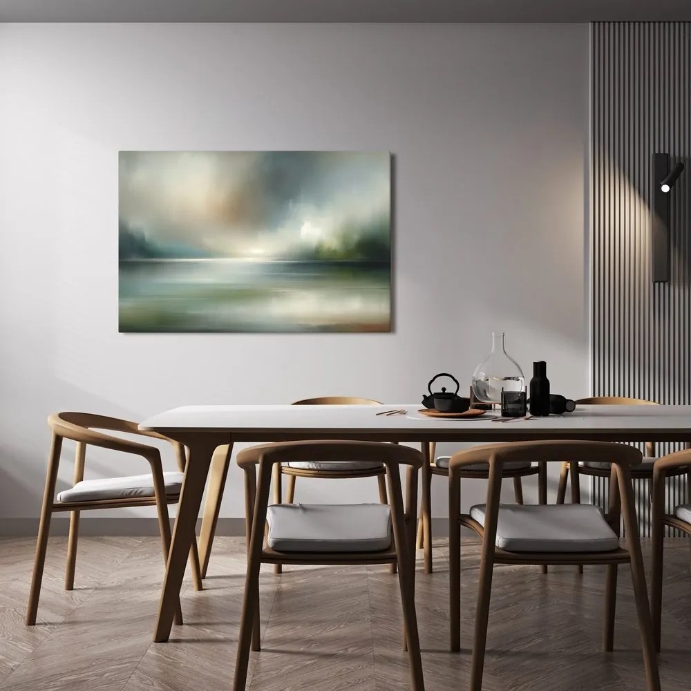 Quadro su tela – Panorama nebbioso con superficie d’acqua