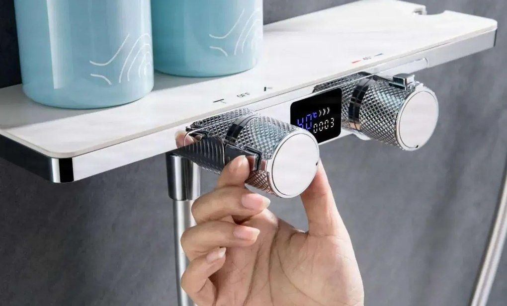 Sistema doccia ELITE EDITION BBT2053 termostatico con LED e getti multipli, in più finiture tra cui nero opaco e grigio grafite — Bianco pietra