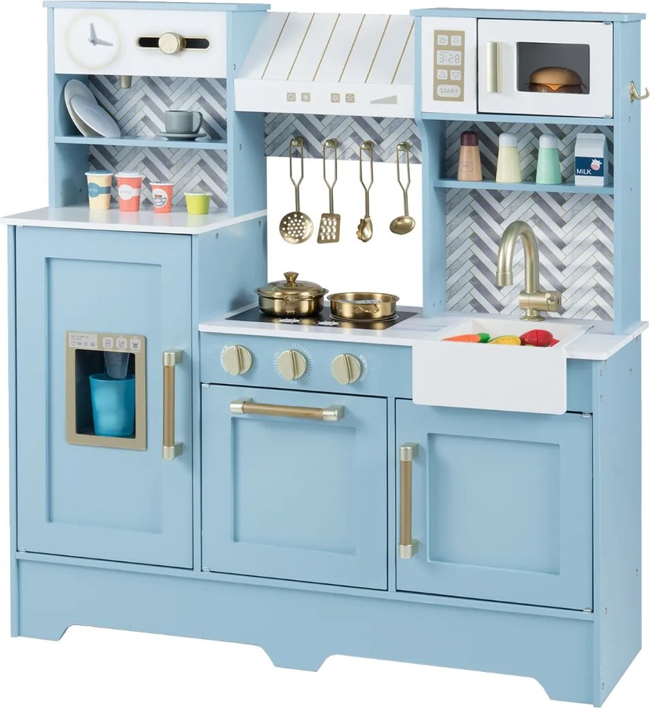 Costway Cucina da gioco per bambini in legno con forno a microonde e distributore di ghiaccio, Cucina per bambini 3-6 Anni Blu