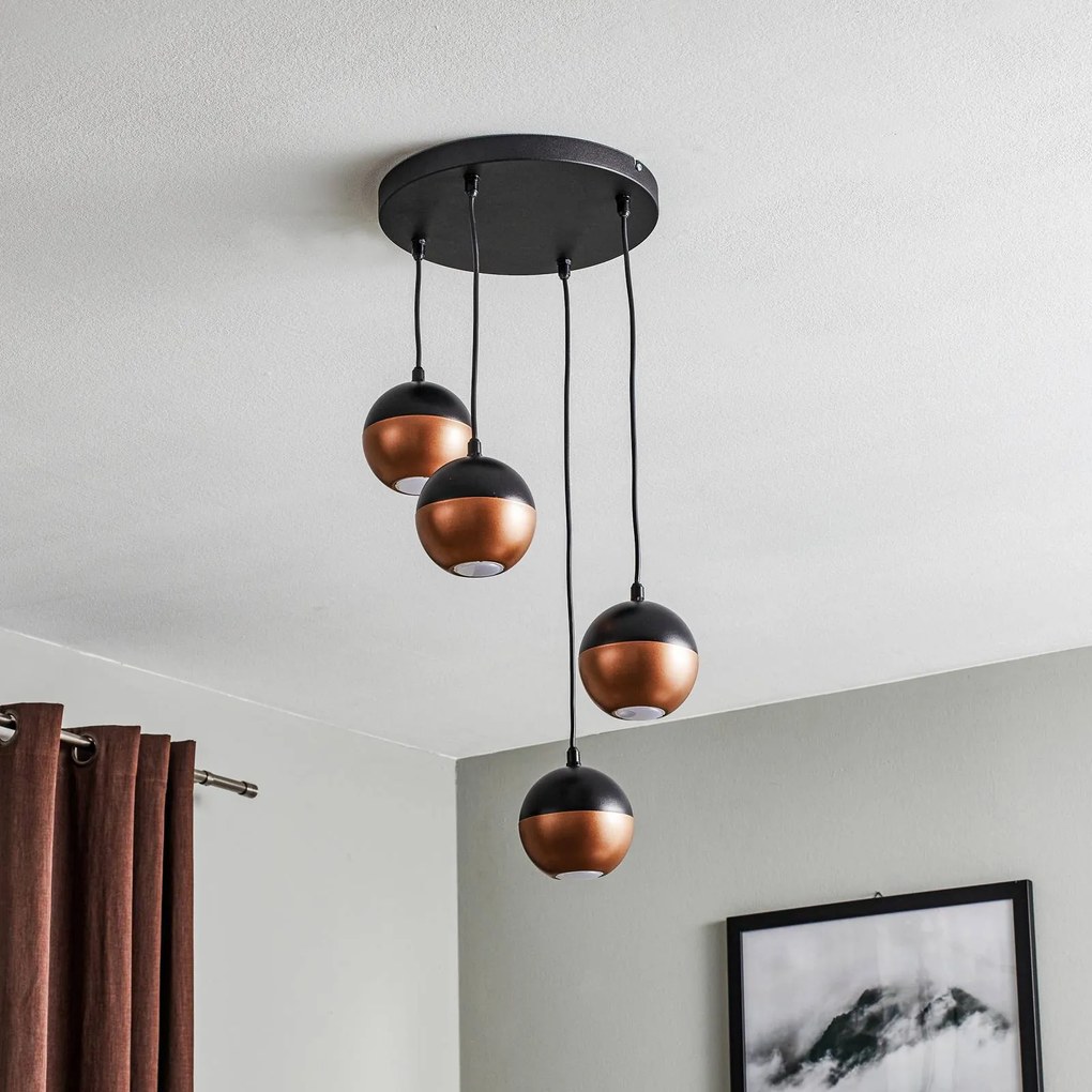 Lampada a sospensione Midnight in nero/rame 4 luci, rotonda HELAM, Nero, Soggiorno / Sala da pranzo, Metallo, Moderno