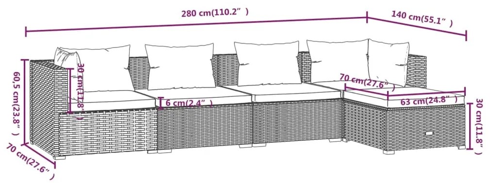 Set Divano da Giardino 5 pz con Cuscini in Polyrattan Nero