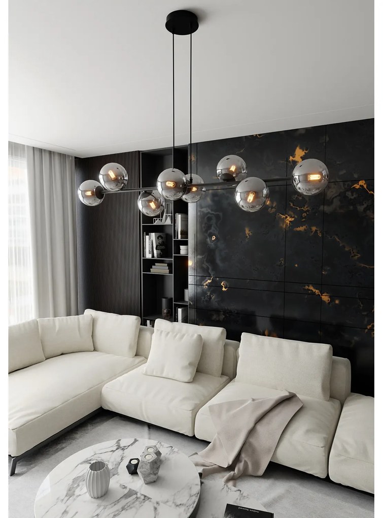Lampadario Contemporaneo 8 Luci Durga In Acciaio Nero E Sfere In Vetro Fumè