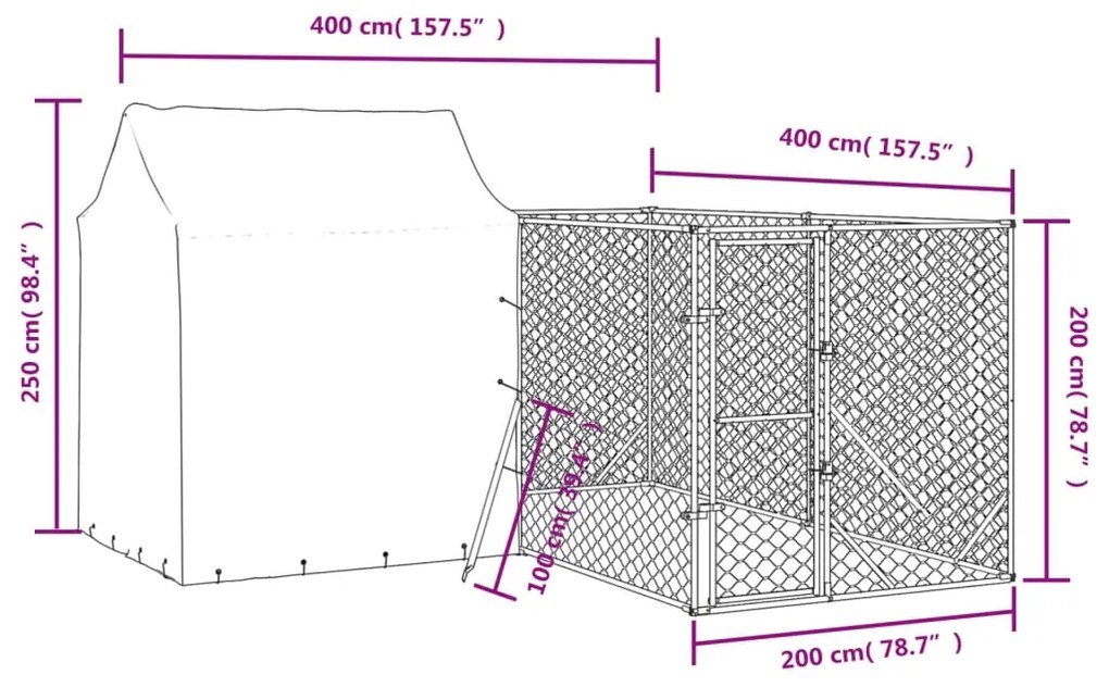 Cuccia cani da esterno tetto argento 4x4x2,5 m acciaio zincato