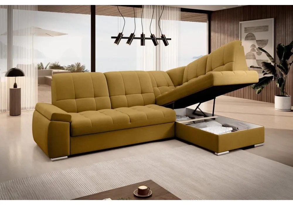 Divano angolare giallo allungabile/con contenitore (con penisola a destra/a L) e rivestimento in velluto Sado – ELTAP