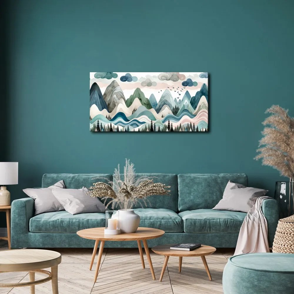 Quadro su tela – Montagne dipinte con uccelli in volo
