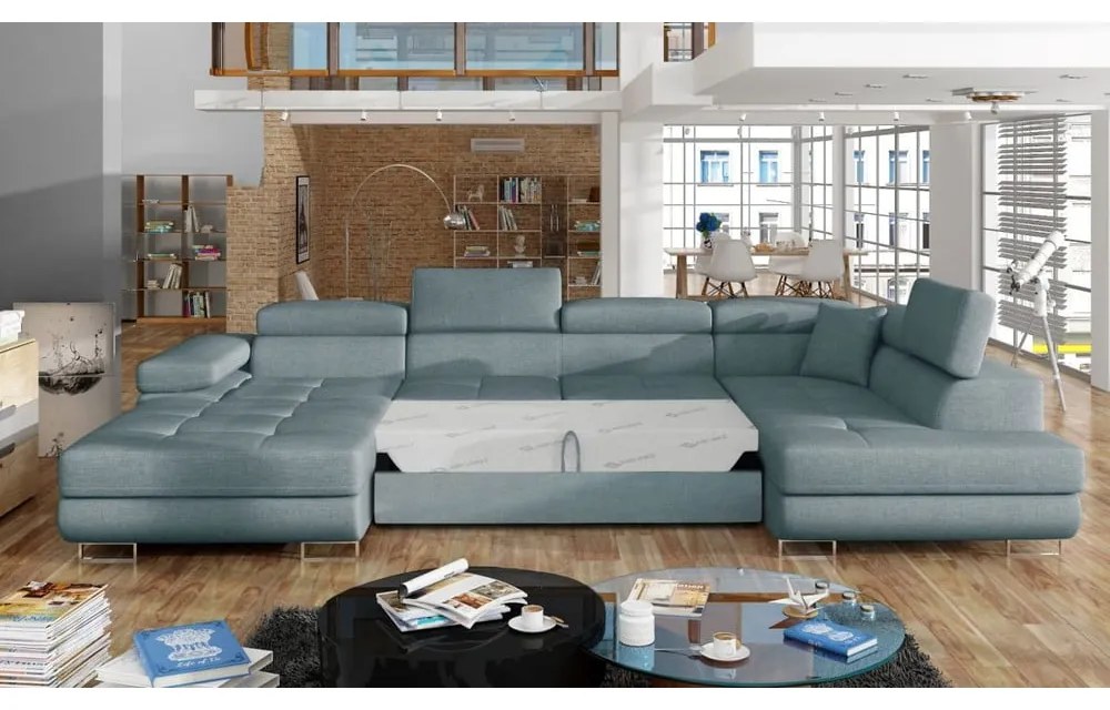 Divano angolare azzurro allungabile/con contenitore (con penisola a destra/a U) Rodrigo – ELTAP