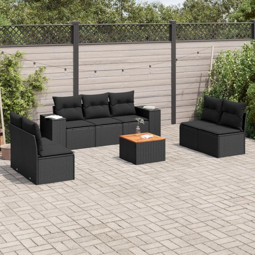 Set Divani da Giardino con Cuscini 8 pz Nero in Polyrattan