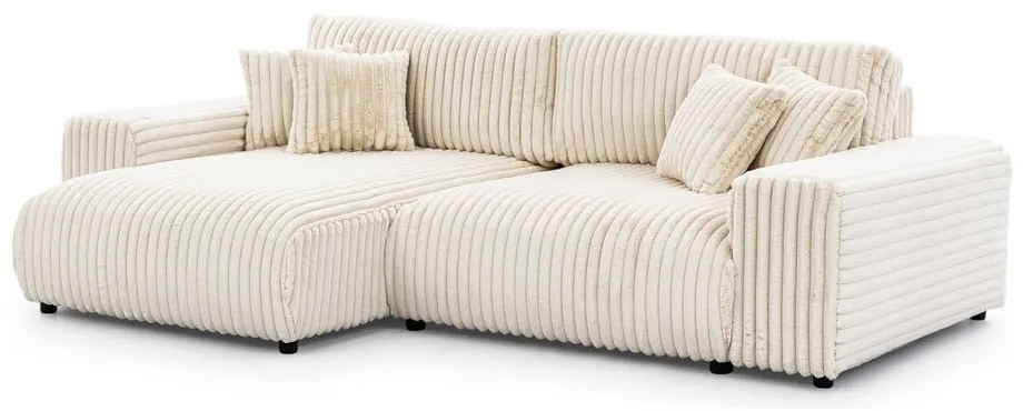 Divano angolare con penisola a sinistra color crema e rivestimento in velluto a coste allungabile e con contenitore Sarina – Ropez