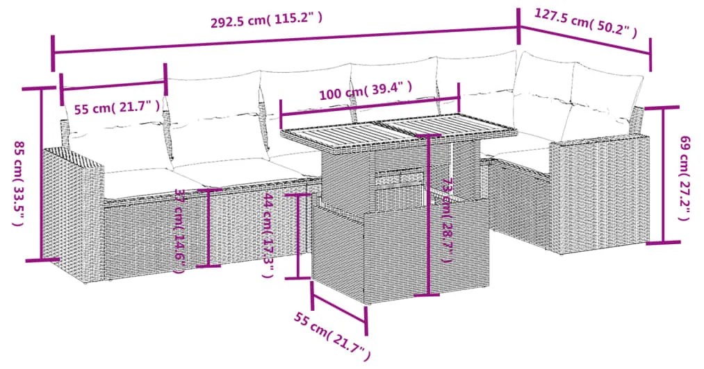 Set divani da giardino 7 pz con cuscini beige in polyrattan